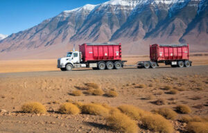 Truck on desert road with mountains Country Road Transfer Dump Truck
