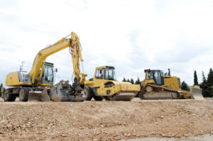 Construction vehicles on a worksite.