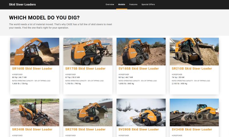 Various models of CASE skid steers