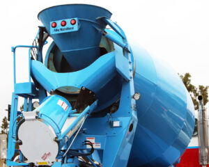 Blue concrete mixer truck rear view