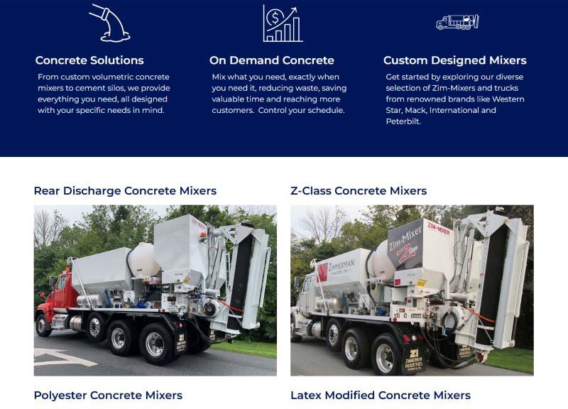 Zimmerman Industries Mixers Concrete mixer trucks and product options